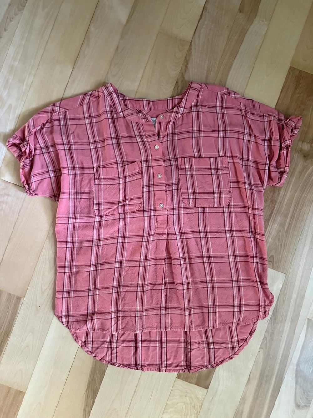 LOFT Coral Pink Plaid Short Sleeve Button Pullover Top